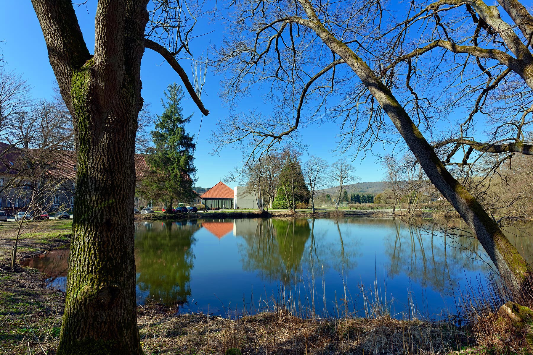 Blick auf einen Teich mit klarer Spiegelung von Bäumen und Gebäuden mit rotem Dach, eingerahmt von Bäumen im Vordergrund unter blauem Himmel.