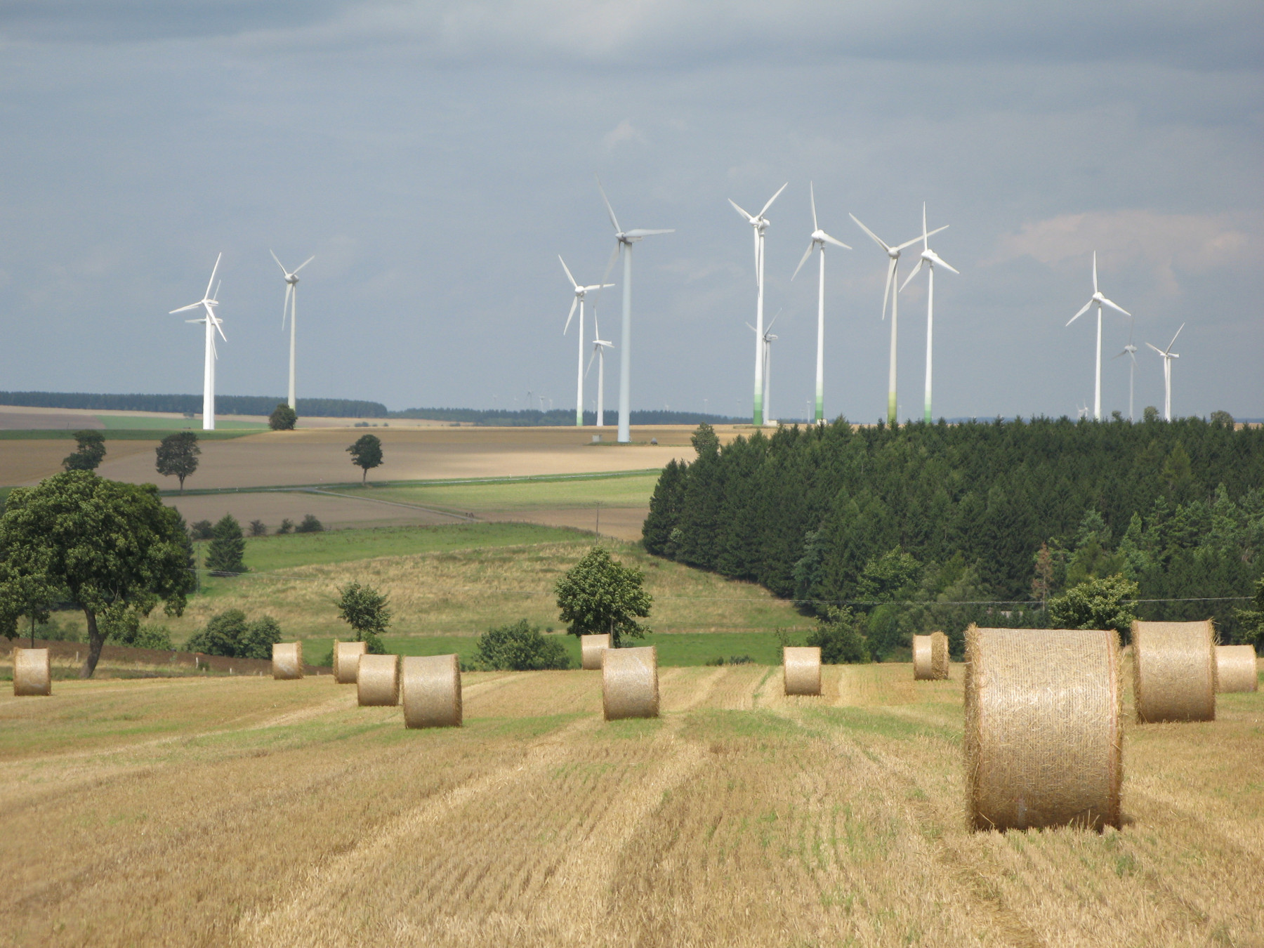 Landschaft mit frisch geerntetem Feld, auf dem runde Strohballen verteilt liegen. Im Hintergrund stehen mehrere Windkraftanlagen vor einer Baumreihe.
