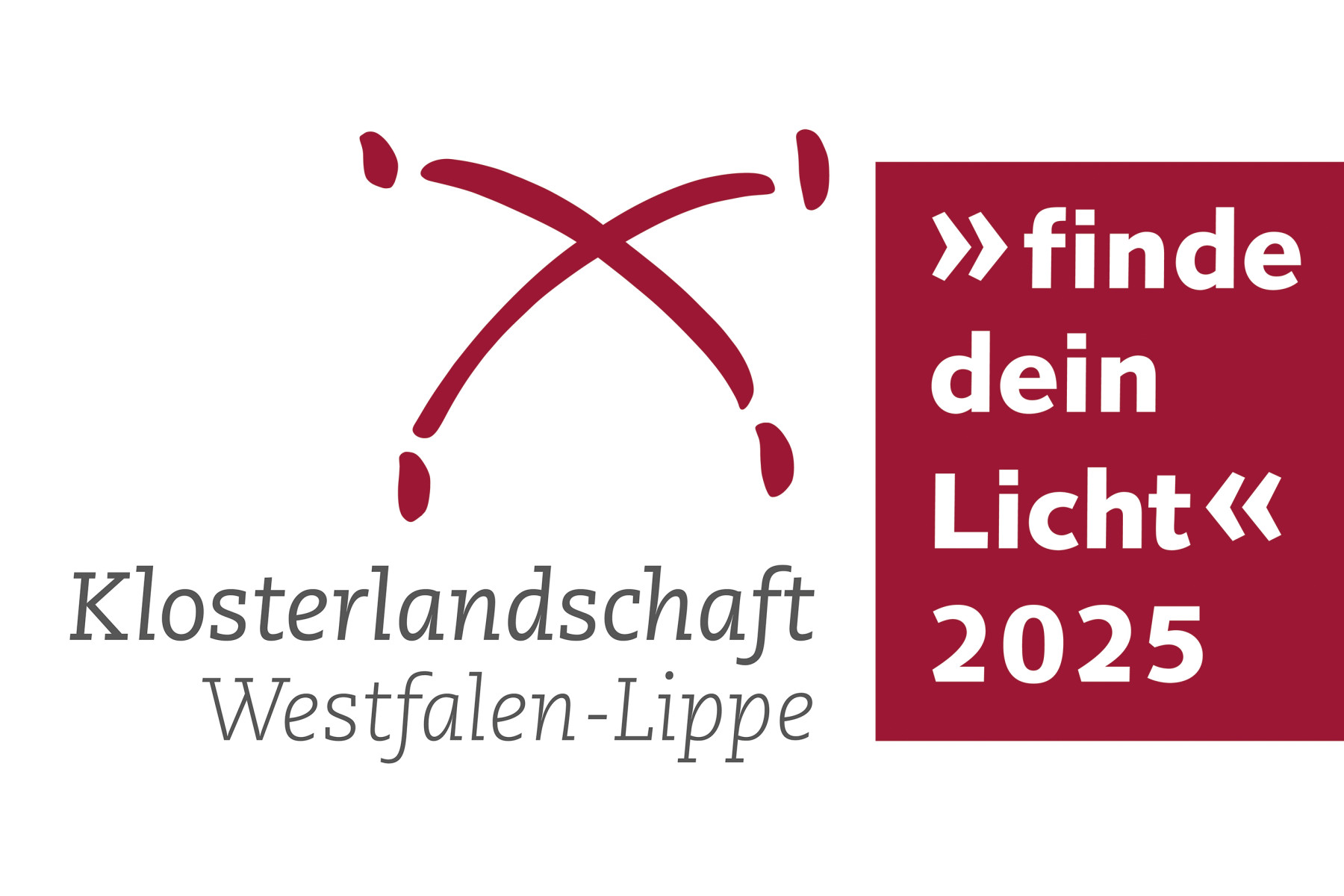 Logo der Klosterlandschaft Westfalen-Lippe mit dem Schriftzug ‚Klosterlandschaft Westfalen-Lippe‘. Darüber ein stilisiertes rotes Kreuzsymbol. Rechts daneben in einem roten Kasten der Text: ‚›› finde dein Licht ‹‹ 2025‘.